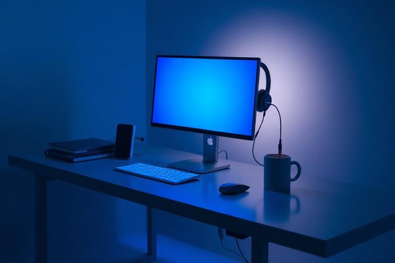 Support desk with headset lit in blue light