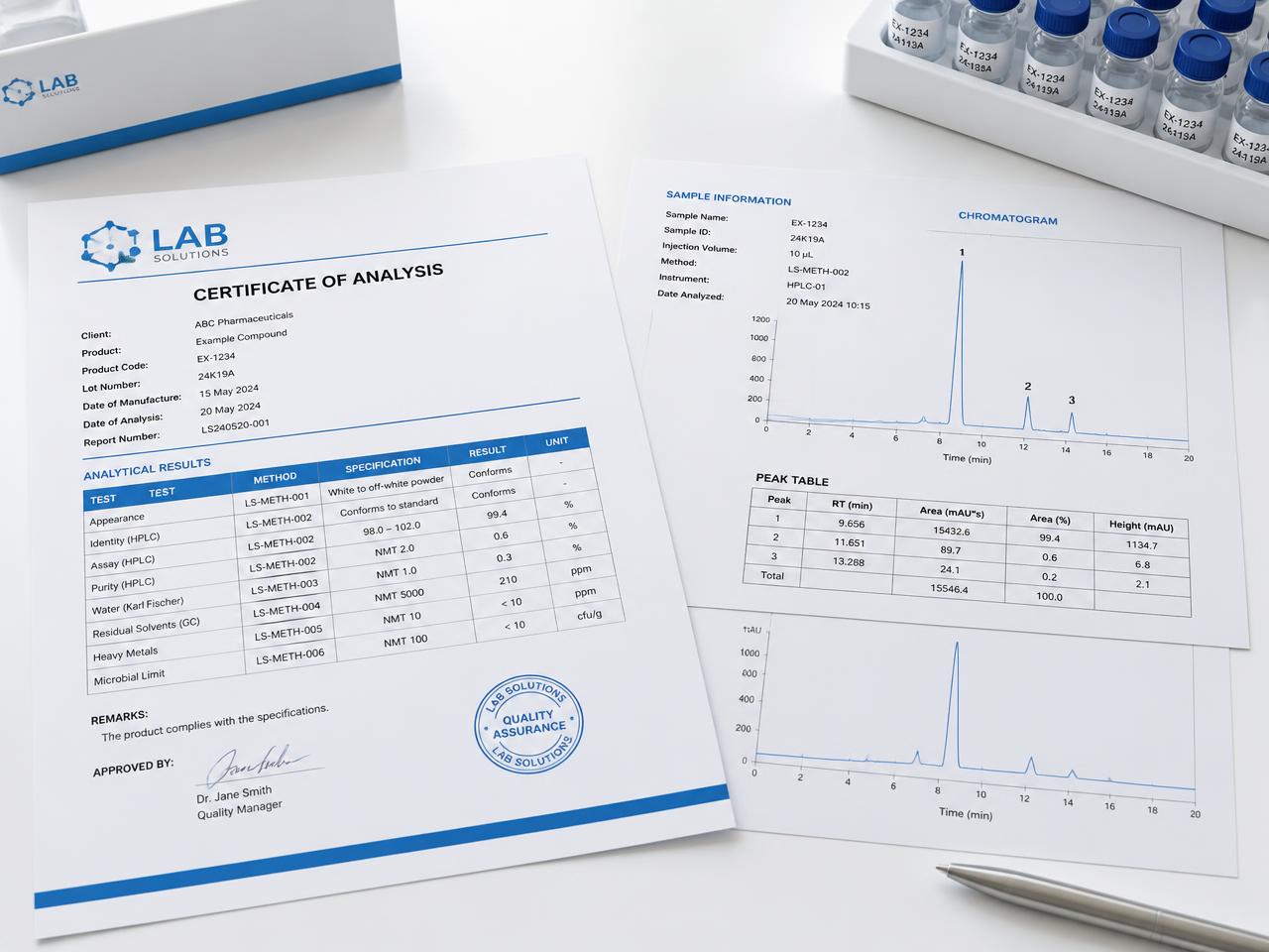 Certificate of analysis and HPLC chromatogram printouts beside sample vials