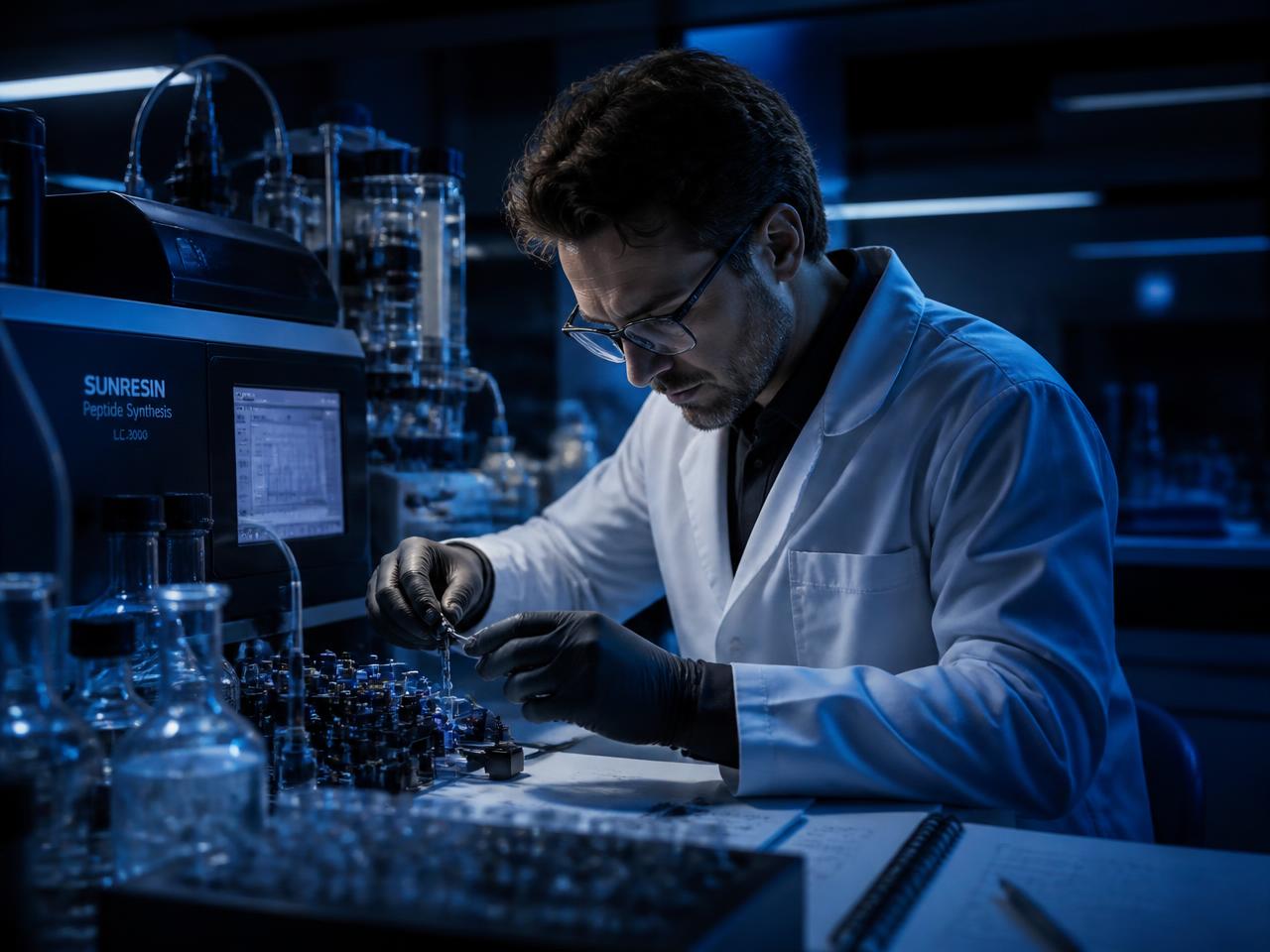 Calizo Labs chemist preparing a peptide synthesis run at the bench