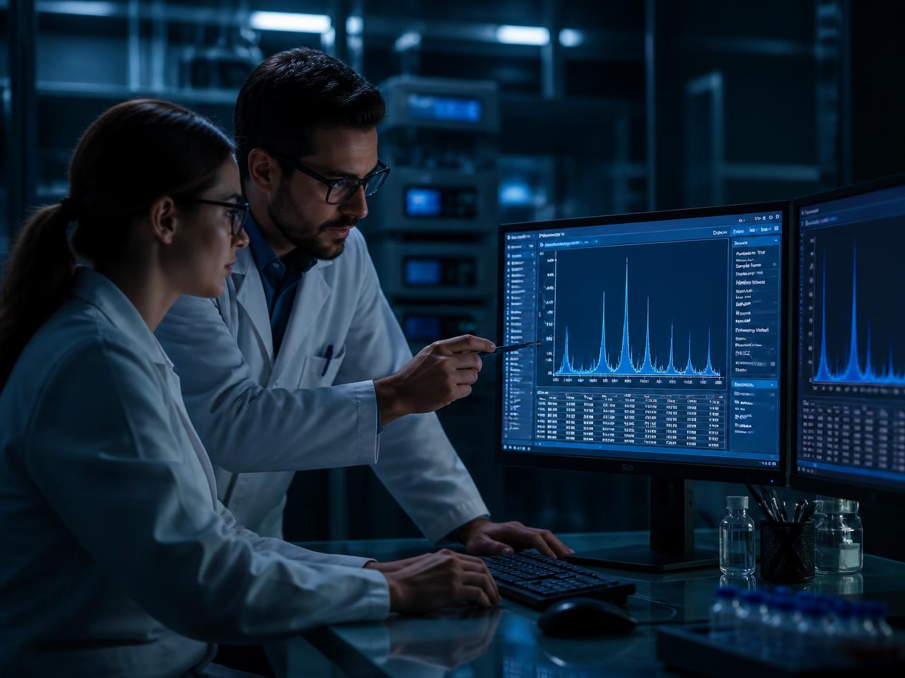 Two researchers reviewing HPLC chromatogram data on lab monitors